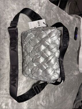 DKNY Silver Woven Belt Bag with Black Logo Strap